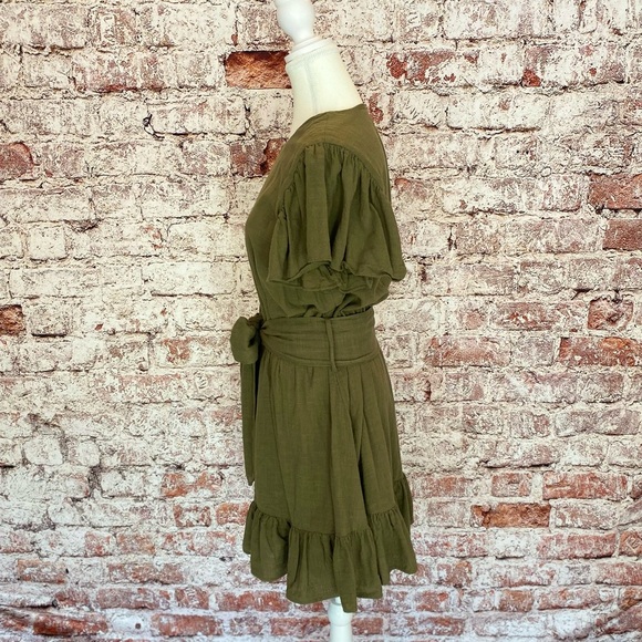 INC Dress- L‎ Mini Olive Green Ruffle Hem Cotton with Waist Tie Boho Cottagecore - Picture 4 of 10